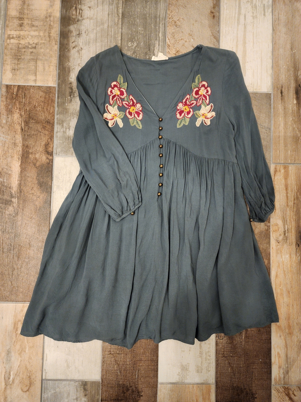 entro Dusty Blue V Neck Dress With Embroidered Details